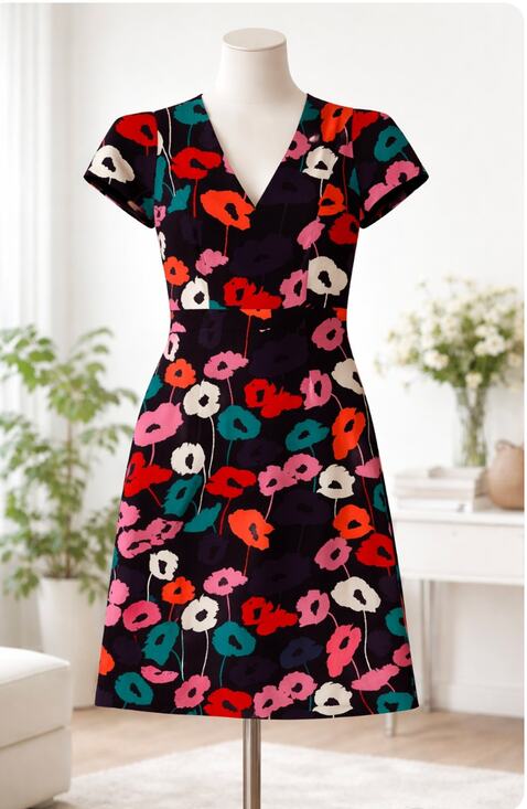 Milly Dresses & Skirts - Milly Black Poppy Floral V-Neck Dress Size 4 Lined Short Sleeve Chic